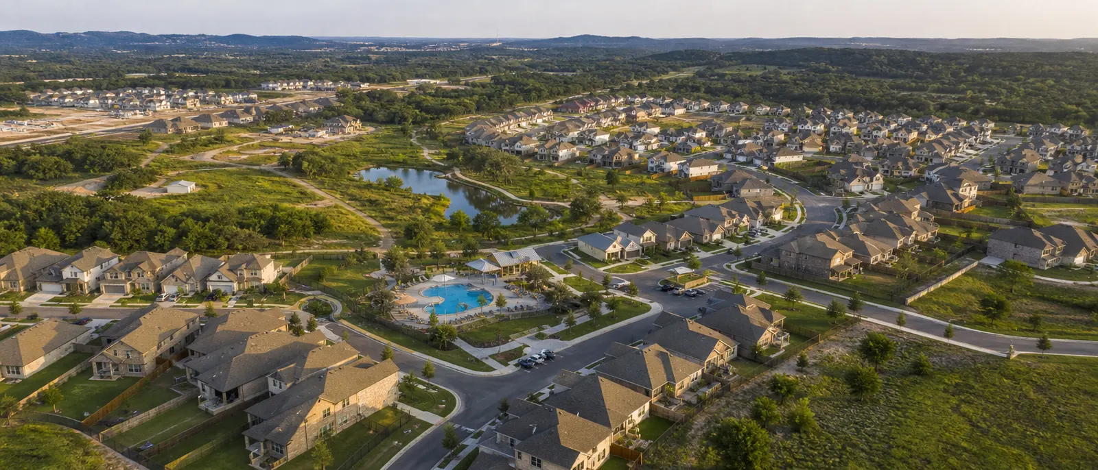 Aerial view of a new-construction community near Austin, Texas